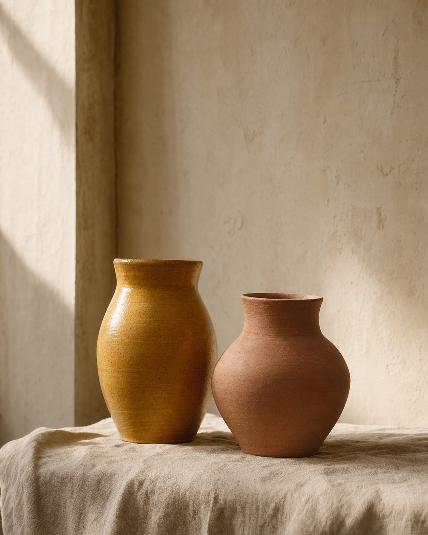Two hand-thrown ceramic vessels, one saffron-glazed and one terracotta, resting side by side in warm natural light.
