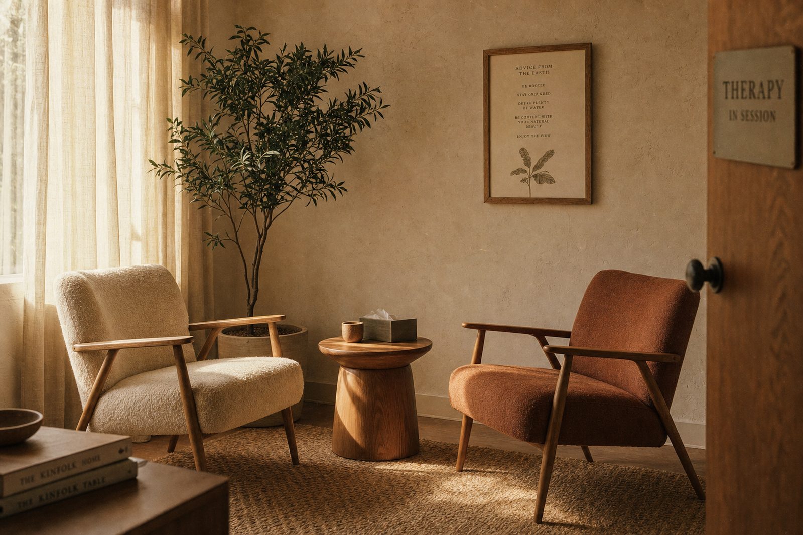 A warm minimal therapy room with two armchairs angled toward each other in soft afternoon light.